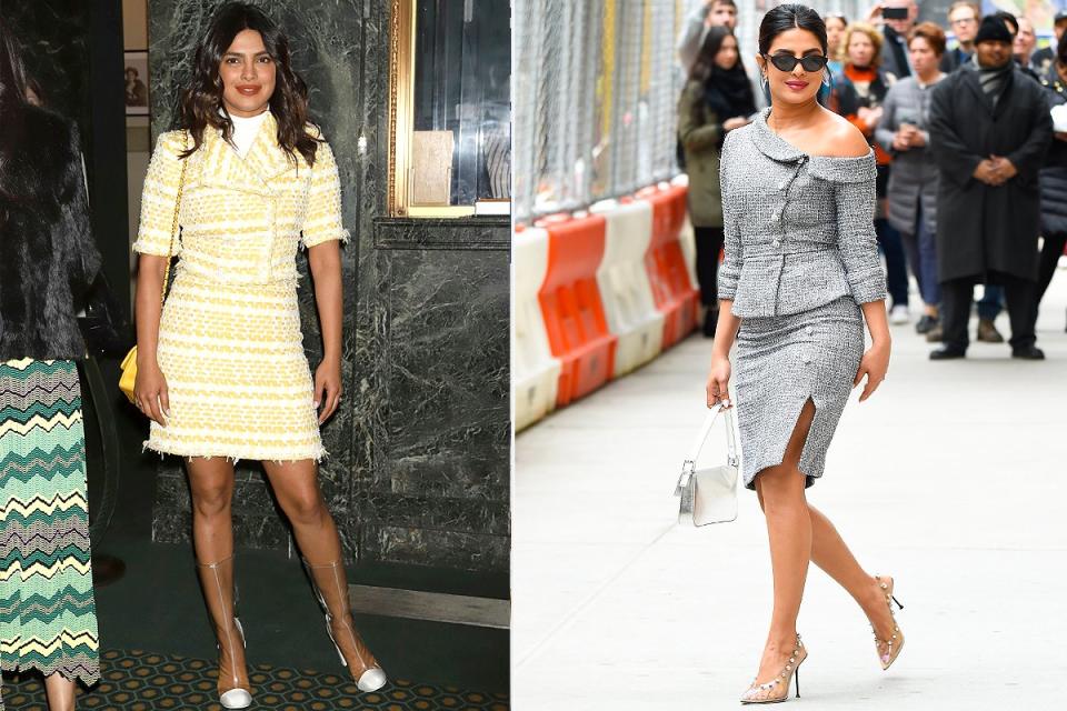 The Trend:  PVC Accessories
 Celebrity Muse: Priyanka Chopra in Chanel booties and Sergio Rossi pumps