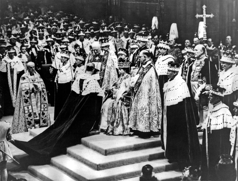 Queen Elizabeth II, Princess Elizabeth - Coronation The Duke of Edinburgh kneels in homage to his wife the new queen (Photo by NCJ Archive/Mirrorpix/Mirrorpix via Getty Images)