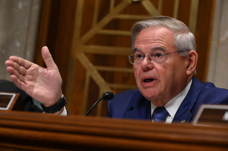 FILE PHOTO: Ranking member Bob Menendez (D-NJ) questions U.S. Secretary of State Mike Pompeo during a Senate foreign Relations Committee hearing on the State Department budget request in Washington, U.S. April 10, 2019. REUTERS/Erin Scott