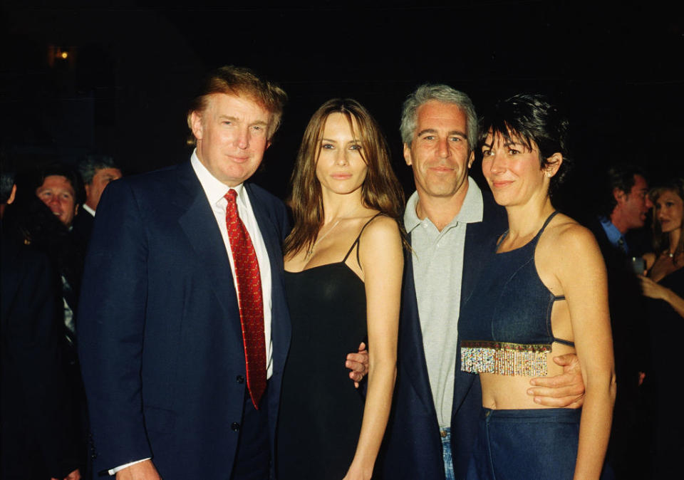 Donald Trump, Melania Trump, Jeffrey Epstein, and Ghislaine Maxwell pose together at a formal event. Donald wears a suit, while Melania and Ghislaine wear dresses