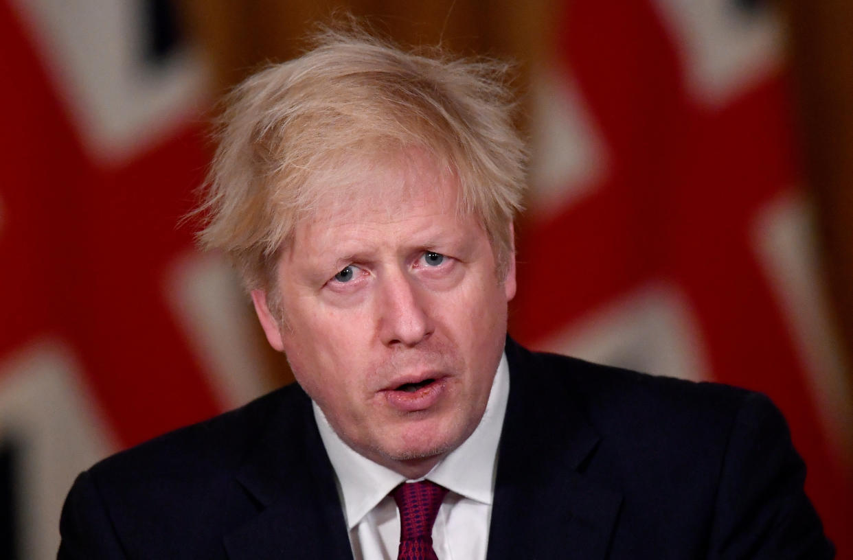 Prime Minister Boris Johnson speaks during a news conference in response to the ongoing situation with the Covid-19 pandemic, at 10 Downing Street, London.