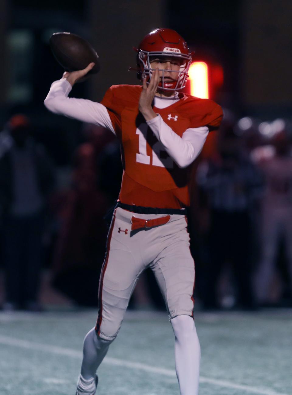 George MacIntyre of Brentwood Academy passes the ball during their Division II-AAA semifinal playoff game against Baylor  at Brentwood Academy Friday, November 18, 2022.
