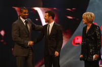 David Haye (left) and Mark Cavendish on stage with Sue Barker (right) during the BBC Sports Personality of the Year Awards at the Sheffield Arena, Sheffield . (Photo by David Davies/PA Images via Getty Images)