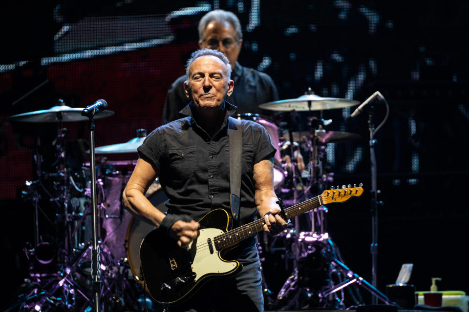 Bruce Springsteen performs with the E Street Band on-stage in East Rutherford, New Jersey