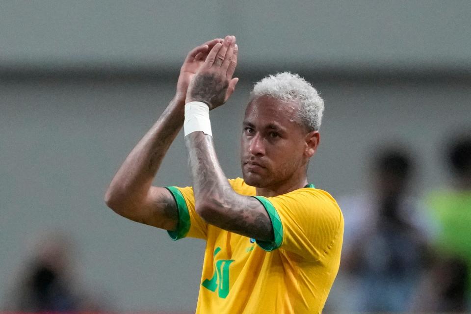 Brazil's Neymar reacts during a friendly soccer match between South Korea and Brazil at Seoul World Cup Stadium in Seoul, Thursday, June 2, 2022. (AP Photo/Lee Jin-man)
