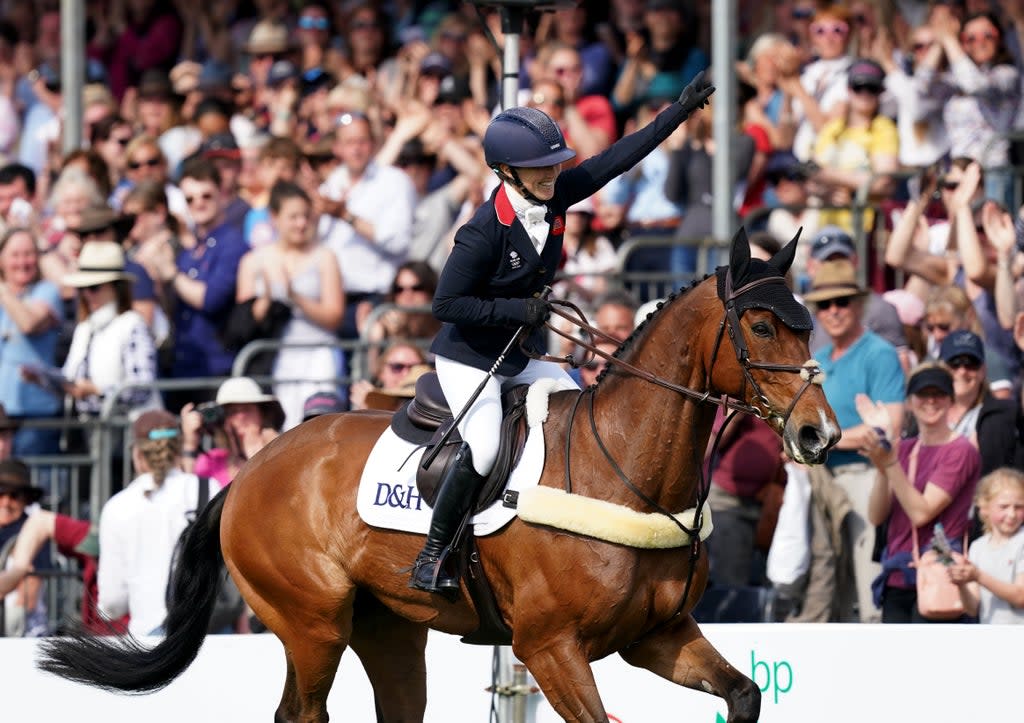 Laura Collett celebrates her victory at the Badminton Horse Trials (Steve Parsons/PA) (PA Wire)