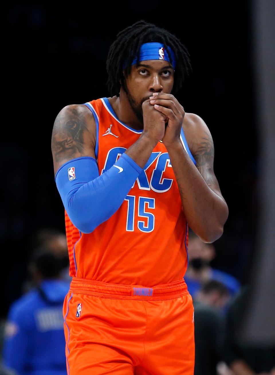 Oklahoma City's Derrick Favors (15) waits to enter the game during the NBA basketball game between the Oklahoma City Thunder and the Dallas Mavericks at the Paycom Center in Oklahoma City, Sunday, Dec. 12, 2021.