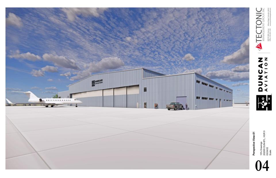 A rendering of a planned $40 million expansion of Duncan Aviation at Battle Creek Executive Airport.