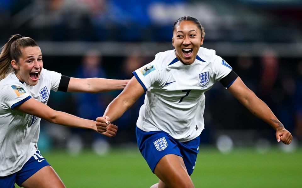 Lauren James celebrates her goal against Denmark - England vs Denmark live: Latest scores from the Women’s World Cup