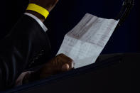 Notes of Housing and Urban Development Secretary Ben Carson are visible as he speaks before President Donald Trump speaks at a campaign event at the Cobb Galleria Centre, Friday, Sept. 25, 2020, in Atlanta. (AP Photo/Evan Vucci)