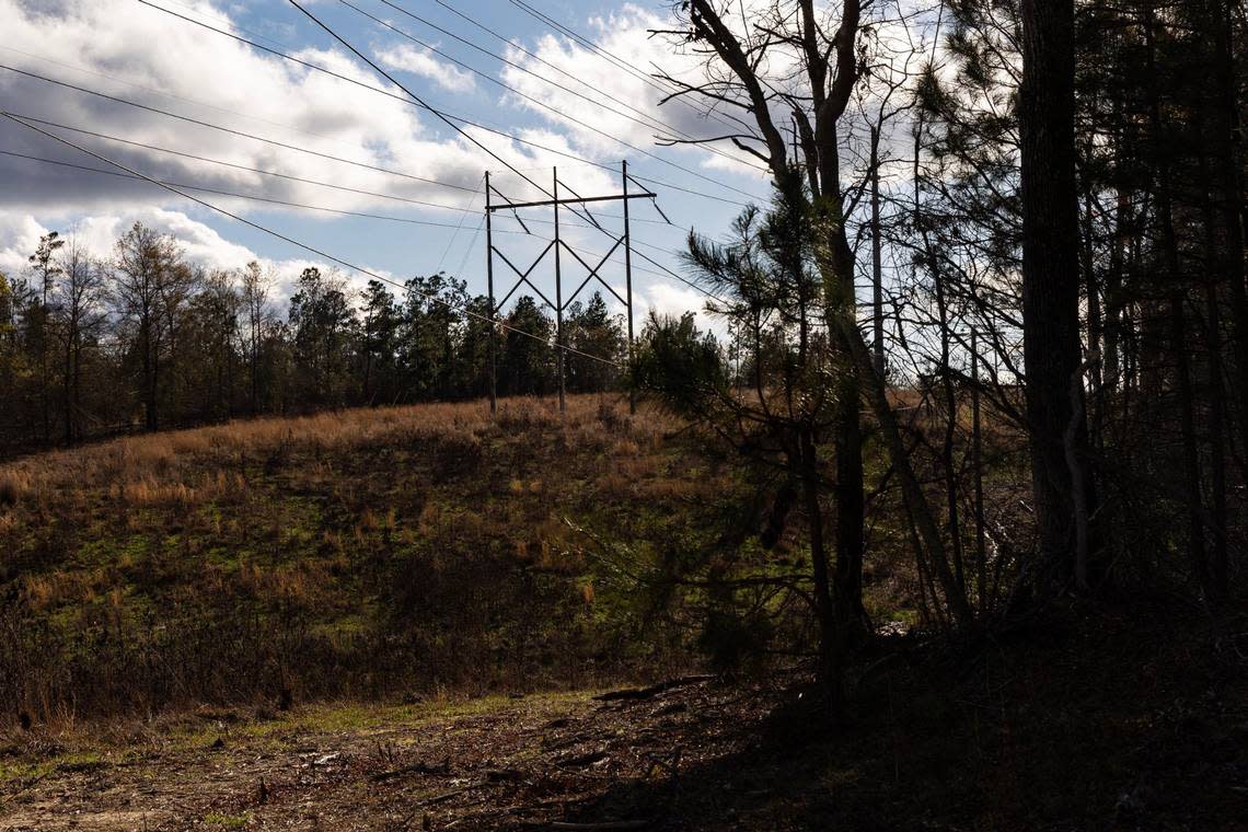 Electricity transmission lines in the future site of Scout Motors in Blythewood, South Carolina, on Monday, March 13, 2023.