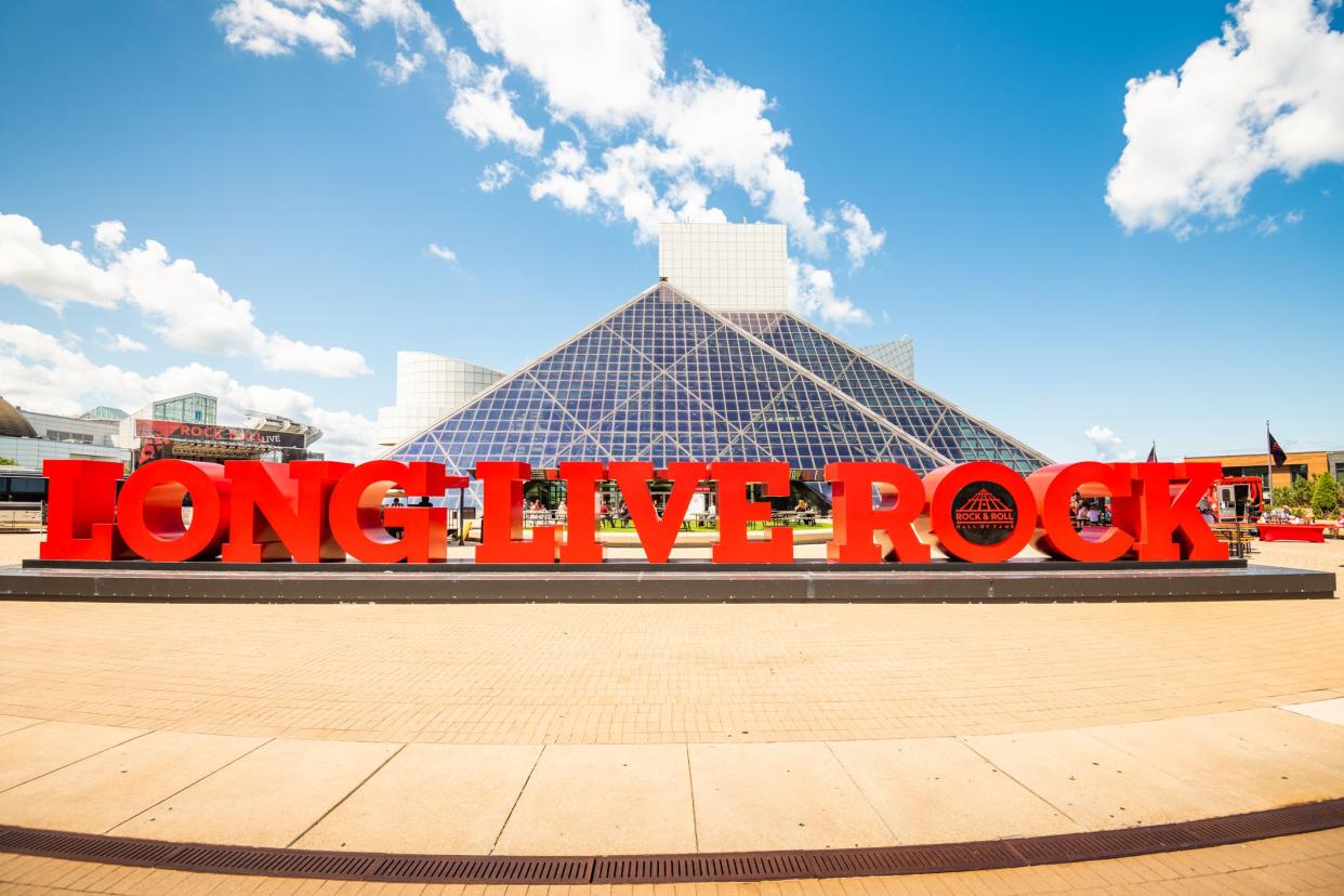 Cleveland, Ohio, USA - August 9, 2019: Rock and Roll Hall of Fame entrance. The building was dedicated September 1, 1995.