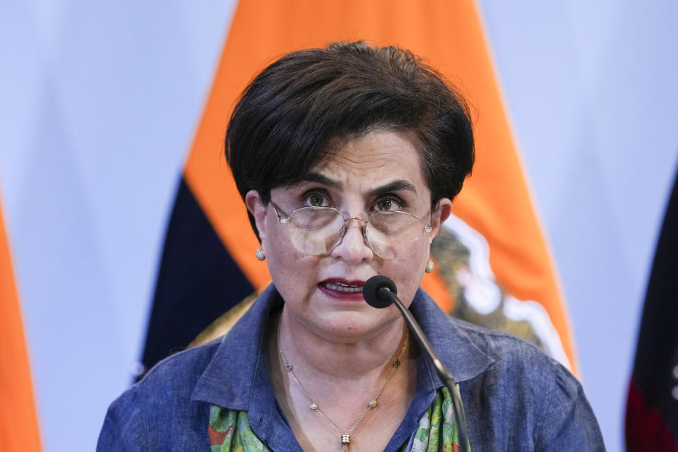 Ecuador's Foreign Minister Gabriela Sommerfeld speaks to media regarding the police raid on the Mexican Embassy that caused Mexico to break diplomatic relations with Ecuador, at the Foreign Ministry in Quito, Ecuador, Saturday, April 6, 2024. (AP Photo/Dolores Ochoa)