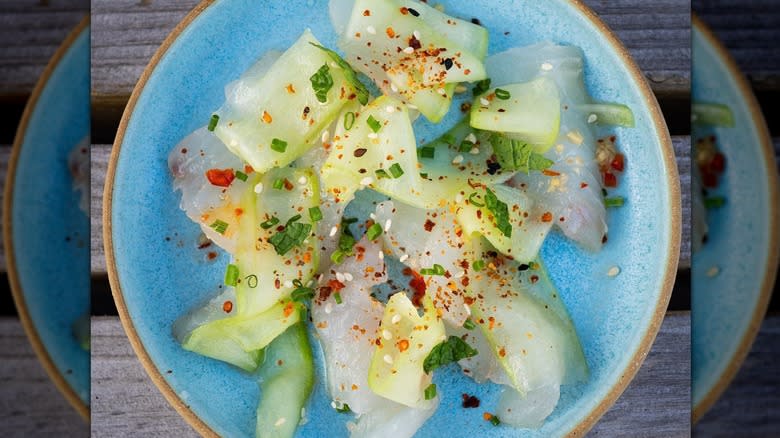 Blue plate of raw fish 