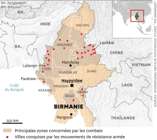 Les combats contre la junte birmane s’étendent désormais à une large partie du pays. . SOURCES : INTERNATIONAL INSTITUTE FOR STRATEGIC STUDIES, “THE IRRAWADDY” 