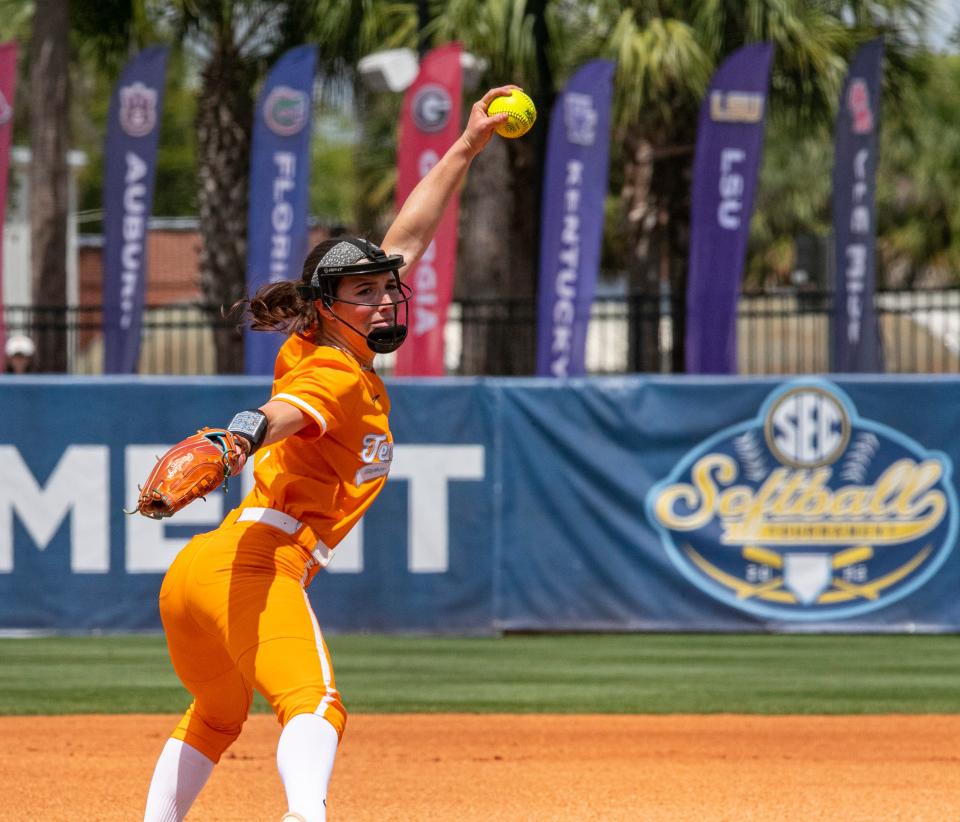 Tennessee's Erin Edmoundson (21) was the starting pitcher for the Lady Vols against Missouri in the semifinal game of the SEC Tournament, Friday, May 13, 2022, at Katie Seashole Pressly Stadium in Gainesville, Florida. The Tigers were up 2-0 in the top of the fifth inning when game was suspended due to lightning. [Cyndi Chambers/ Special to the Sun] 2022