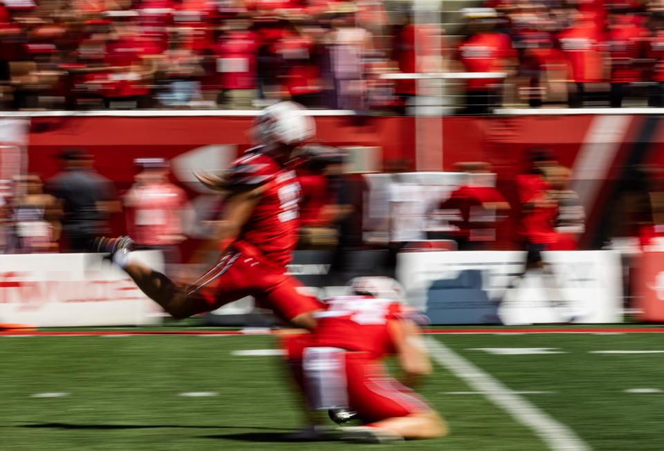 Utah Utes place kicker Joey Cheek (97) kicks an extra point during their football game against the Weber State Wildcats at Rice-Eccles Stadium in Salt Lake City on Saturday, Sept. 16, 2023. | Megan Nielsen, Deseret News