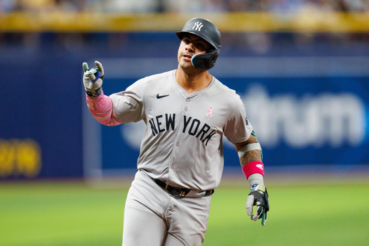 May 12, 2024; St. Petersburg, Florida, USA; New York Yankees second baseman Gleyber Torres (25) runs the bases after hitting a three run home run against the Tampa Bay Rays in the eighth inning at Tropicana Field. Mandatory Credit: Nathan Ray Seebeck-USA TODAY Sports