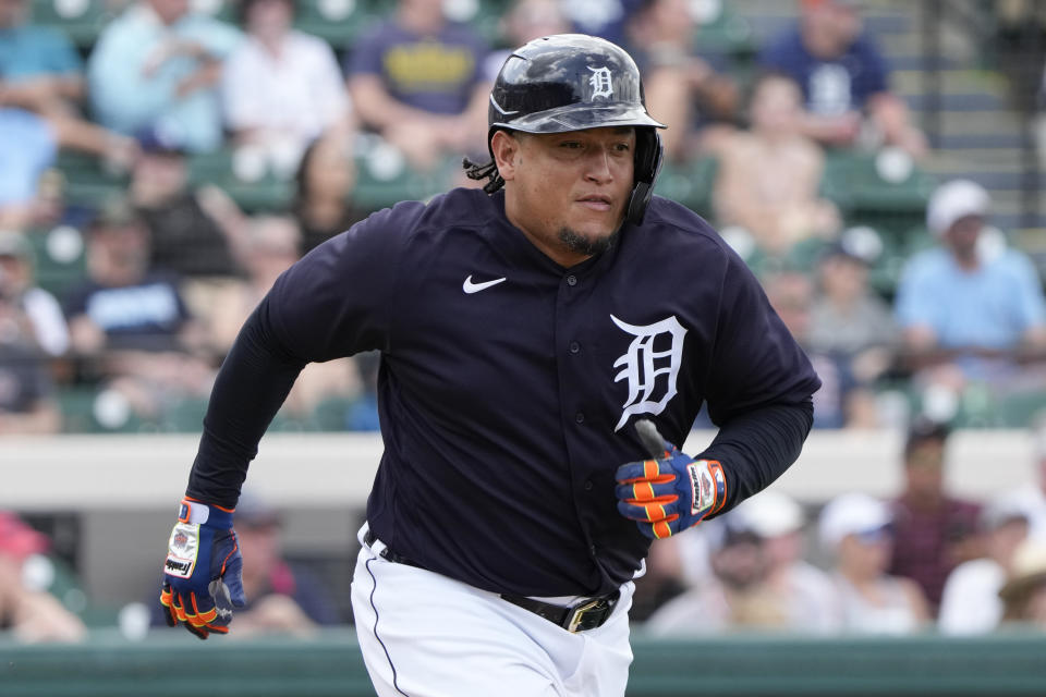 Detroit Tigers' Miguel Cabrera tries to beat out a throw to first base on a infield hit against the Tampa Bay Rays in the fifth inning a spring training baseball game, Sunday, March 26, 2023, in Lakeland, Fla. (AP Photo/John Raoux)
