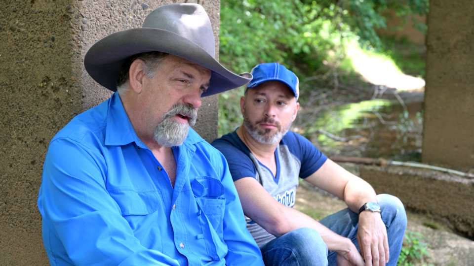 Longtime friends Richard Douglas Jensen (left) and Michael V. Jordan perform a scene in "I Am Mine Alone."  Jordan previously owned Vivo Spa Salon in Rosemary Beach and several nail salons in South Walton County.