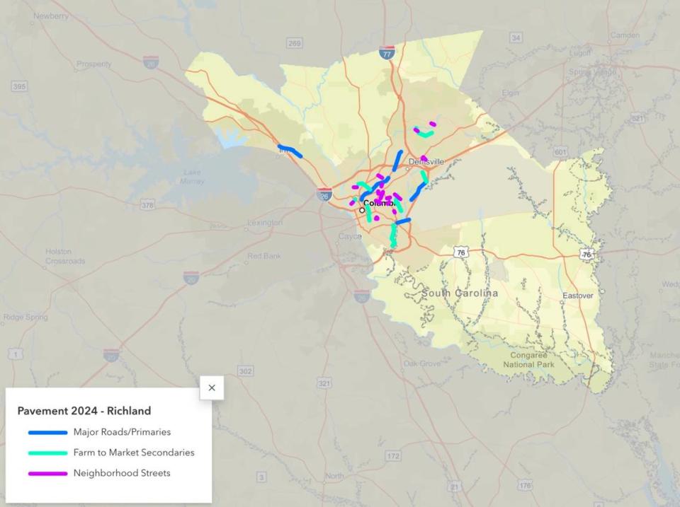 A map showing planned road and street paving and improvements in the Columbia area.