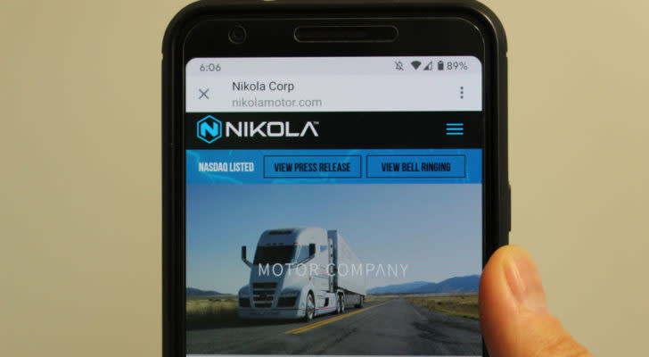 The Nikola (NKLA) website homepage on a cell phone screen.