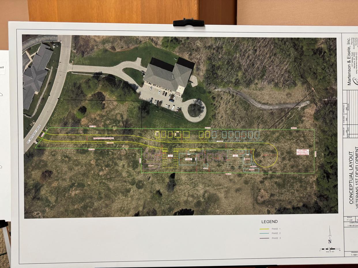Veterans 1st of NEW's site plan calls for construction of 21 tiny houses, two parking lots, a community center and gardens on a piece of Brown County-donated land in the 2800 block of St. Anthony Drive in Green Bay. Veterans Manor, a separate development, is the building north of the site.