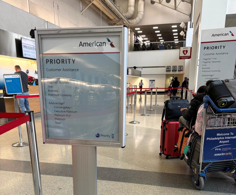 A sign for American Airlines priority passengers at the Philadelphia International Airport.