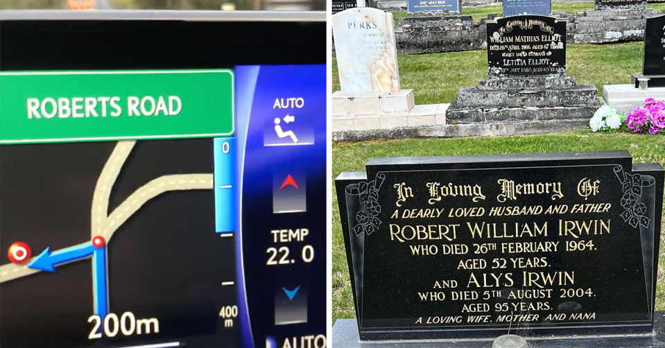 Roberts Road / a gravestone reading Robert William Irwin.