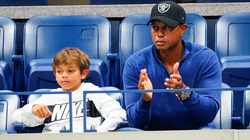 Tiger Woods and son Charlie, pictured here watching Rafael Nadal at the 2019 US Open.