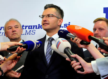 Marjan Sarec, leader of the List of Marjan Sarec (LMS), speaks to the media after the general election, in Kamnik, Slovenia, June 3, 2018. REUTERS/Srdjan Zivulovic