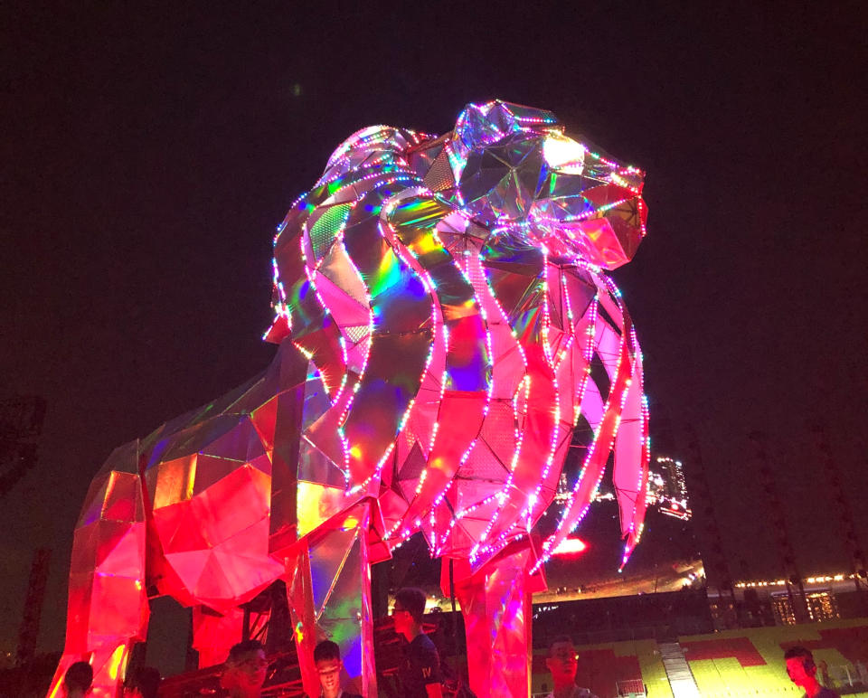 A six-metre tall lion float at the Padang during a rehearsal for Singapore's National Day Parade 2019. (PHOTO: Benjamin Tan)