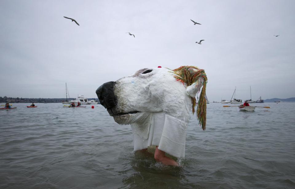 Two people wear a polar bear costume while running into English Bay during the 94th annual New Year's Day Polar Bear Swim in Vancouver