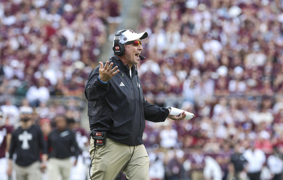 Oct 7, 2023; College Station, Texas; Texas A&M Aggies head coach Jimbo Fisher reacts after a play during the fourth quarter against the Alabama Crimson Tide at Kyle Field. Troy Taormina-USA TODAY Sports