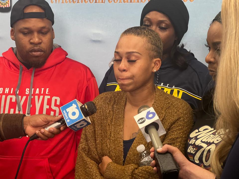 Cierra Zebib speaks with reporters in a tearful interview at Columbus Police Headquarters on Sept. 28. Zebib's 17-year-old son Imperial Stewart has been missing since Sept. 23, 2023.