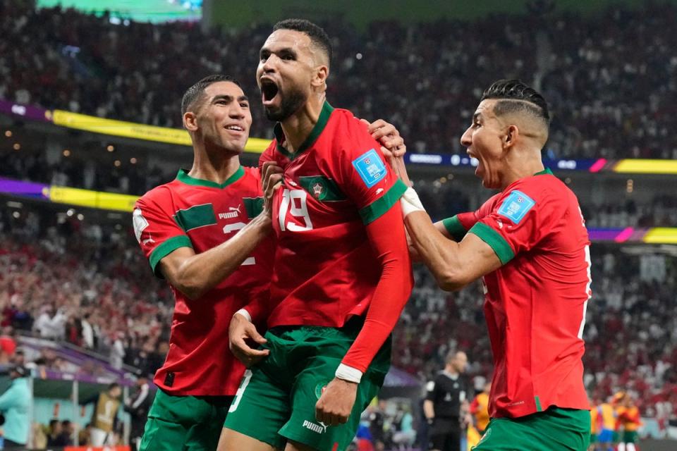 Youssef En-Nesyri (centre) celebrates his goal (Martin Meissner/AP) (AP)