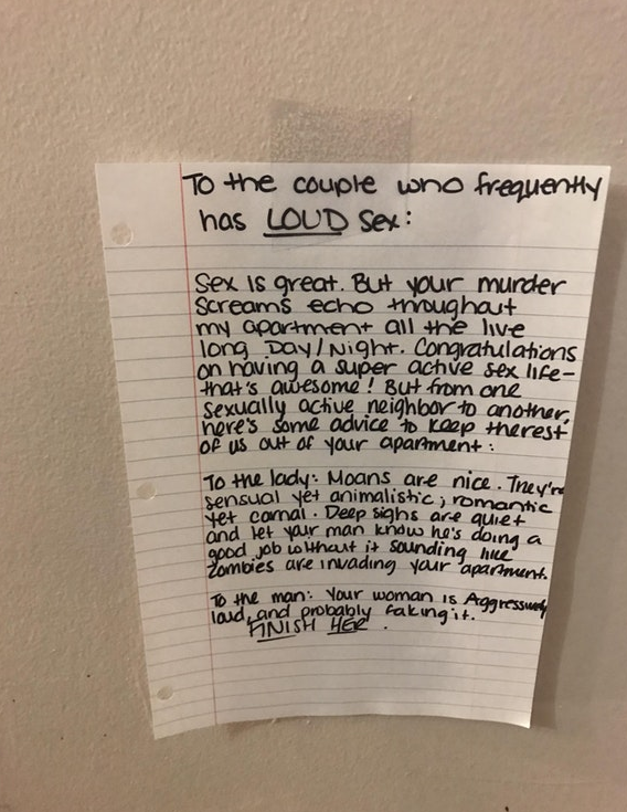 Neighbour writes hilarious note to couple having loud sex picture image
