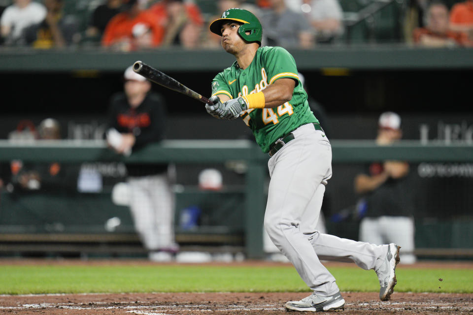 Oakland Athletics' Carlos Perez watches his home run against the Baltimore Oriole during the fifth inning of a baseball game Wednesday, April 12, 2023, in Baltimore. (AP Photo/Jess Rapfogel)