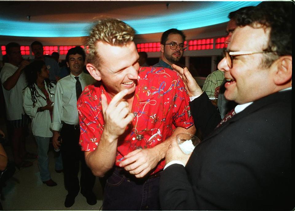 Monty Eckart (left) talks to Andrew Delaplaine (right) who was running for mayor of Miami Beach in 1995. Delaplaine was considered the hip, controversial editor of Wire Magazine who was is running against the more traditional, conservative incumbent, Seymour Gelber. Gelber won re-election.