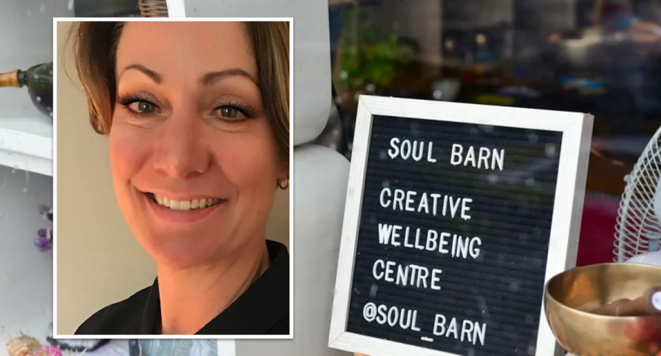 Personal trainer Rachael Dixon stands next to a picture of the Soul Barn retreat where she died. 