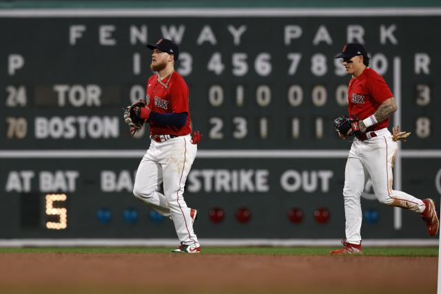 Brayan Bello of the Boston Red Sox reacts after the final out of