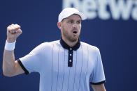 Nicolas Jarry, of Chile, celebrates winning a point against Casper Ruud, of Norway, in their men's singles fourth round match at the Miami Open tennis tournament, Tuesday, March 26, 2024, in Miami Gardens, Fla. (AP Photo/Rebecca Blackwell)