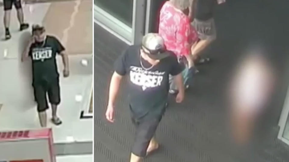 CCTV stills of a Queensland man who abducted a girl from a Kmart at Westfield North Lakes before molesting her. The girl is seen following the man around the shopping centre and out the front entrance.