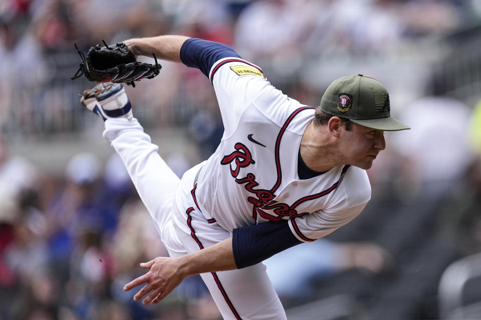 Atlanta Braves starting pitcher Jared Shuster delivers in the first inning of a baseball game against the Seattle Mariners, Sunday, May 21, 2023, in Atlanta. (AP Photo/John Bazemore)