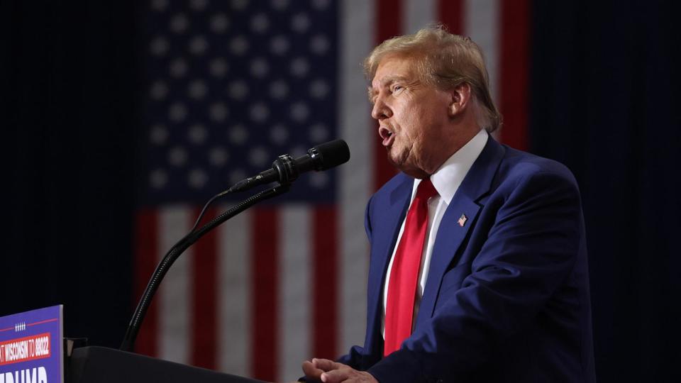 PHOTO: Former President Donald Trump speaks to guests at a rally, April 2, 2024, in Green Bay, Wis. (Scott Olson/Getty Images)