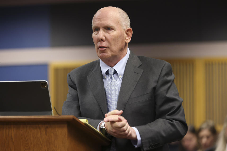 Attorney Steve Sadow, former President Donald Trump’s lead attorney in the case, questions witness Terrence Bradley, Nathan Wade’s former business partner, during a hearing on the Georgia election interference case, Friday, Feb. 16, 2024, in Atlanta. The hearing is to determine whether Fulton County District Attorney Fani Willis should be removed from the case because of a relationship with Nathan Wade, special prosecutor she hired in the election interference case against former President Donald Trump. (Alyssa Pointer/Pool Photo via AP)