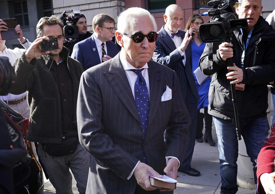 Former advisor to U.S. President Donald Trump, Roger Stone, leaves the E. Barrett Prettyman United States Courthouse after being found guilty of obstructing a congressional investigation into Russia's interference in the 2016 election on November 15, 2019 in Washington, DC. Stone faced seven felony charges and was found guilty on all counts. (Photo: Win McNamee/Getty Images)