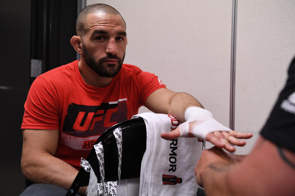 MINNEAPOLIS, MN - JUNE 29:  Jared Gordon gets his hands wrapped backstage during the UFC Fight Night event at the Target Center on June 29, 2019 in Minneapolis, Minnesota. (Photo by Mike Roach/Zuffa LLC/Zuffa LLC via Getty Images)