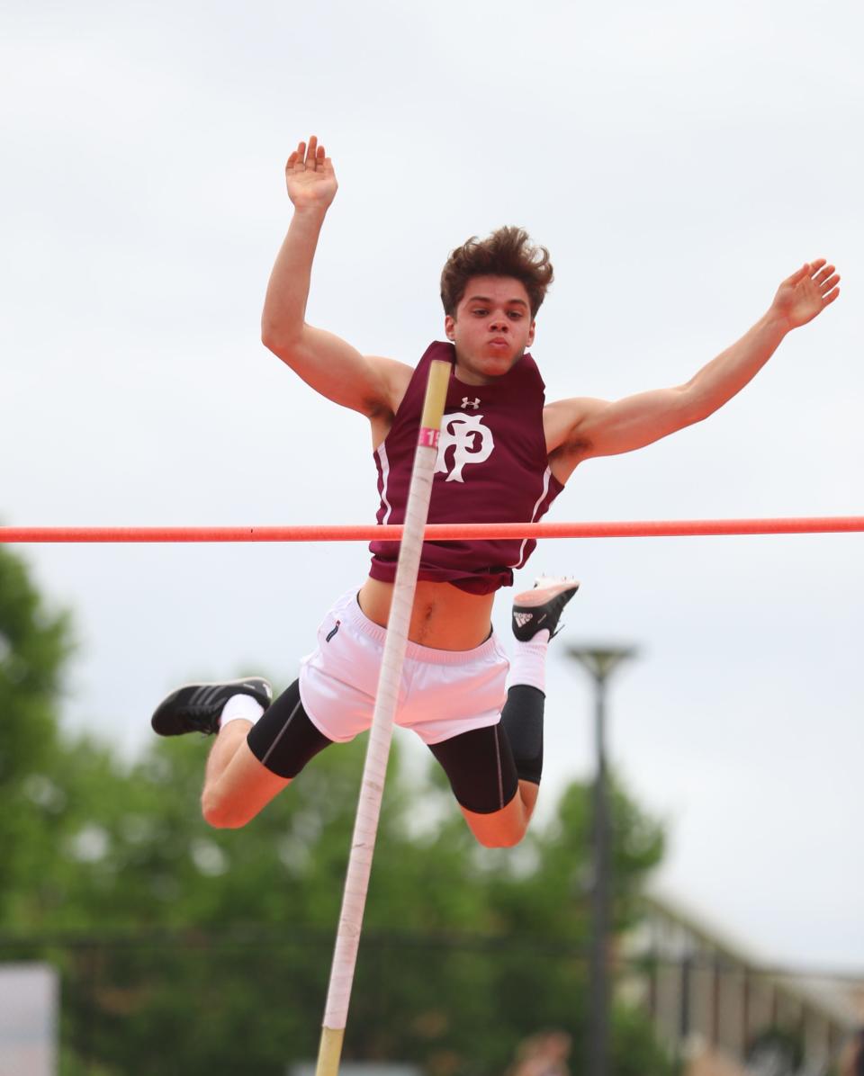 Fordham Prep's Carter Tresgallo competes in the pole vault during Day 3 of the Loucks Games track and field meet at White Plains High School on Saturday, May 14, 2022.