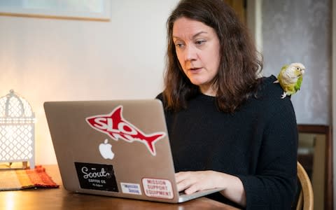 Helen Macdonald writing at home in her kitchen - Credit: Andrew Crowley